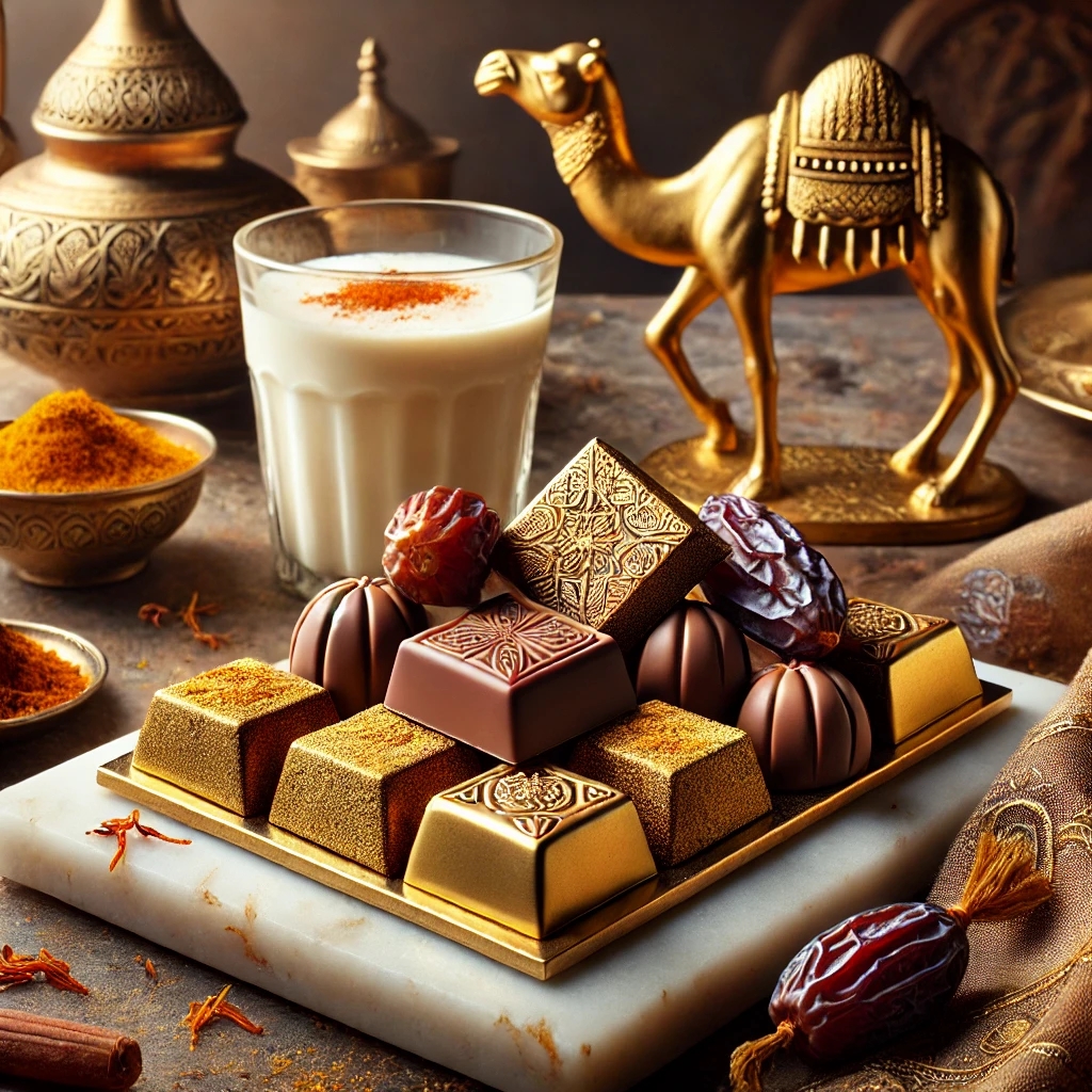Luxuriöse Dubai-Schokolade mit Blattgold, Lulu-Datteln und Kamelmilch