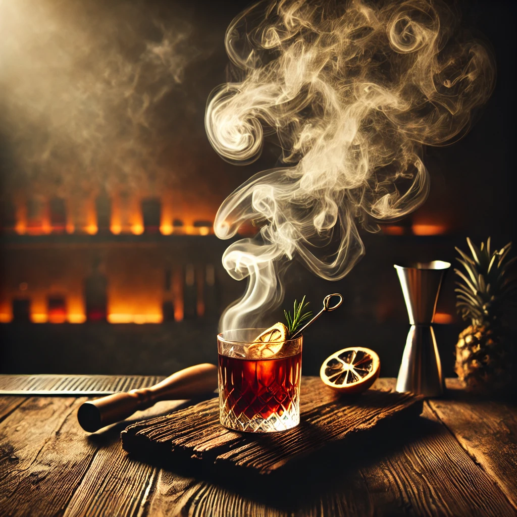 Einer von vielen Cocktails mit Rauch in einem eleganten Glas, umgeben von sanft aufsteigendem Rauch in einer stilvollen Bar-Atmosphäre. Perfekt inszeniert, um die kunstvolle Zubereitung und den faszinierenden Geschmack eines Smoked Cocktails zu zeigen.