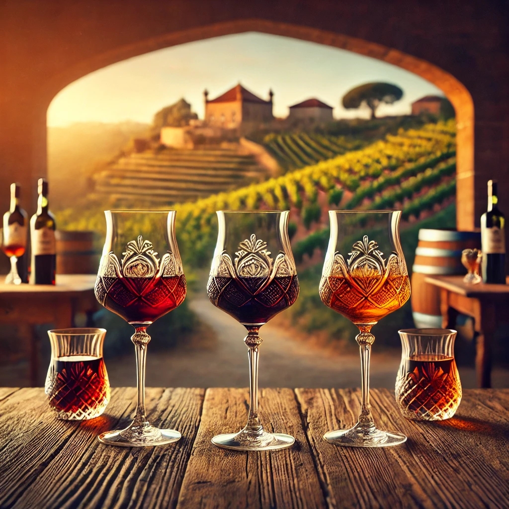 Ein elegantes Glas Ruby Port auf einem Tisch mit portugiesischen Tapas, umgeben von einem mediterranen Ambiente.