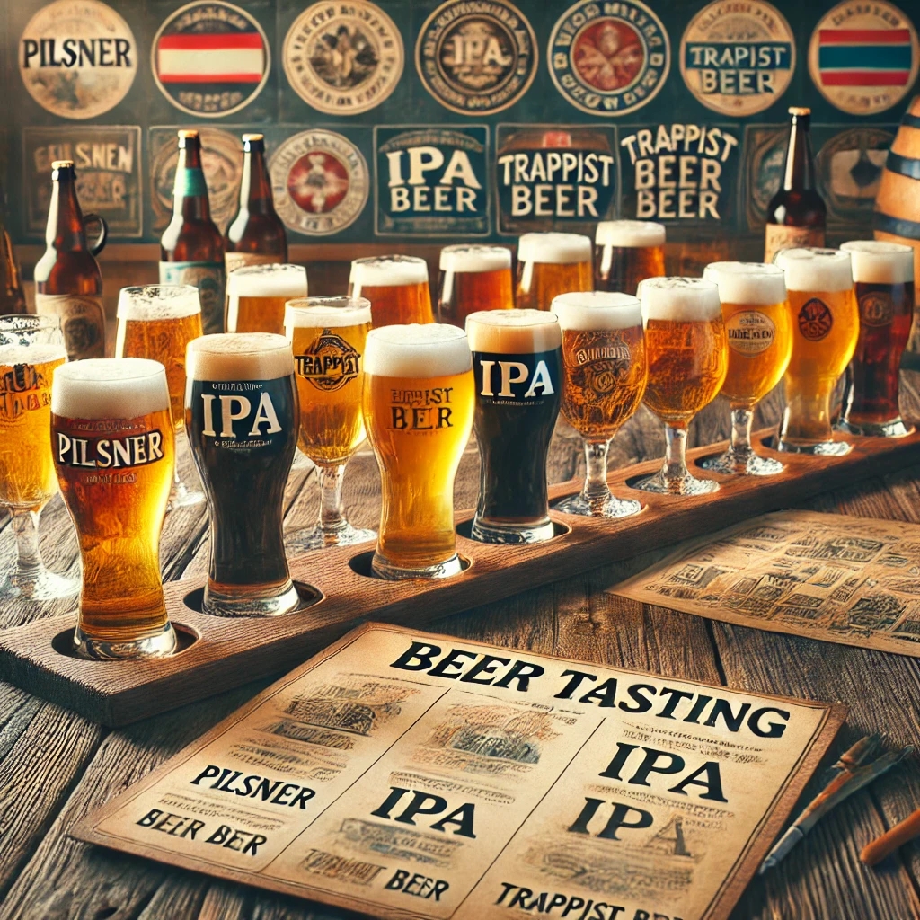 Eine lebendige internationale Bierverkostung mit verschiedenen Biersorten aus aller Welt, darunter Pilsner, IPA und Craftbier, serviert in stilvollen Gläsern.