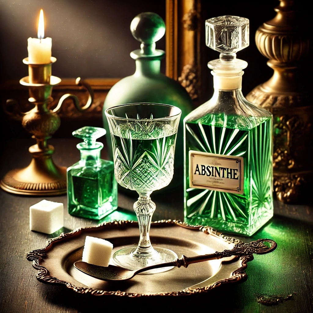 Ein stilvoll arrangiertes Absinth-Tasting-Setup mit klassischem Absinth-Glas, perforiertem Löffel und Zuckerwürfel, bereit für das traditionelle Absinth-Ritual.