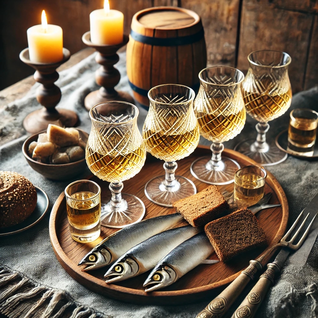 raditionelles skandinavisches Aquavit-Tasting-Setup mit Gläsern, Kräutern und einer stilvollen Flasche Aquavit.