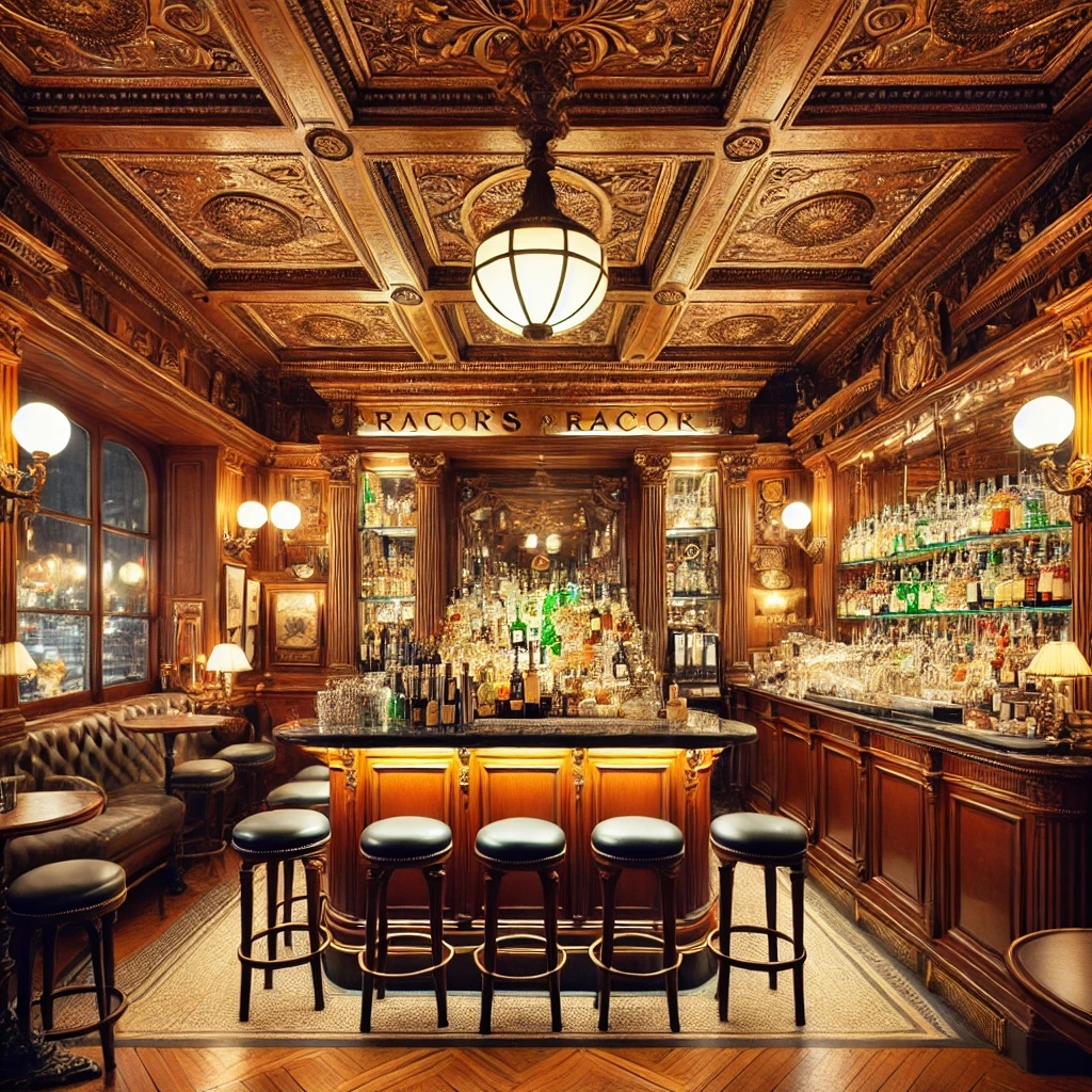 Eine stimmungsvolle historische Bar mit edlen Holzvertäfelungen, stilvollen Leuchten und einer gut bestückten Theke, an der klassische Cocktails serviert werden.