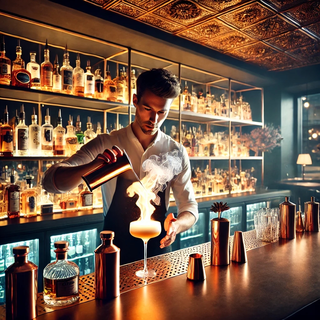 Eine stilvolle Cocktailbar mit einem Mixologist, der einen kunstvollen Drink mit Feuer- und Raucheffekten zubereitet. Die Bar strahlt eine elegante Atmosphäre mit gedimmtem Licht und einer hochwertigen Spirituosenauswahl aus.