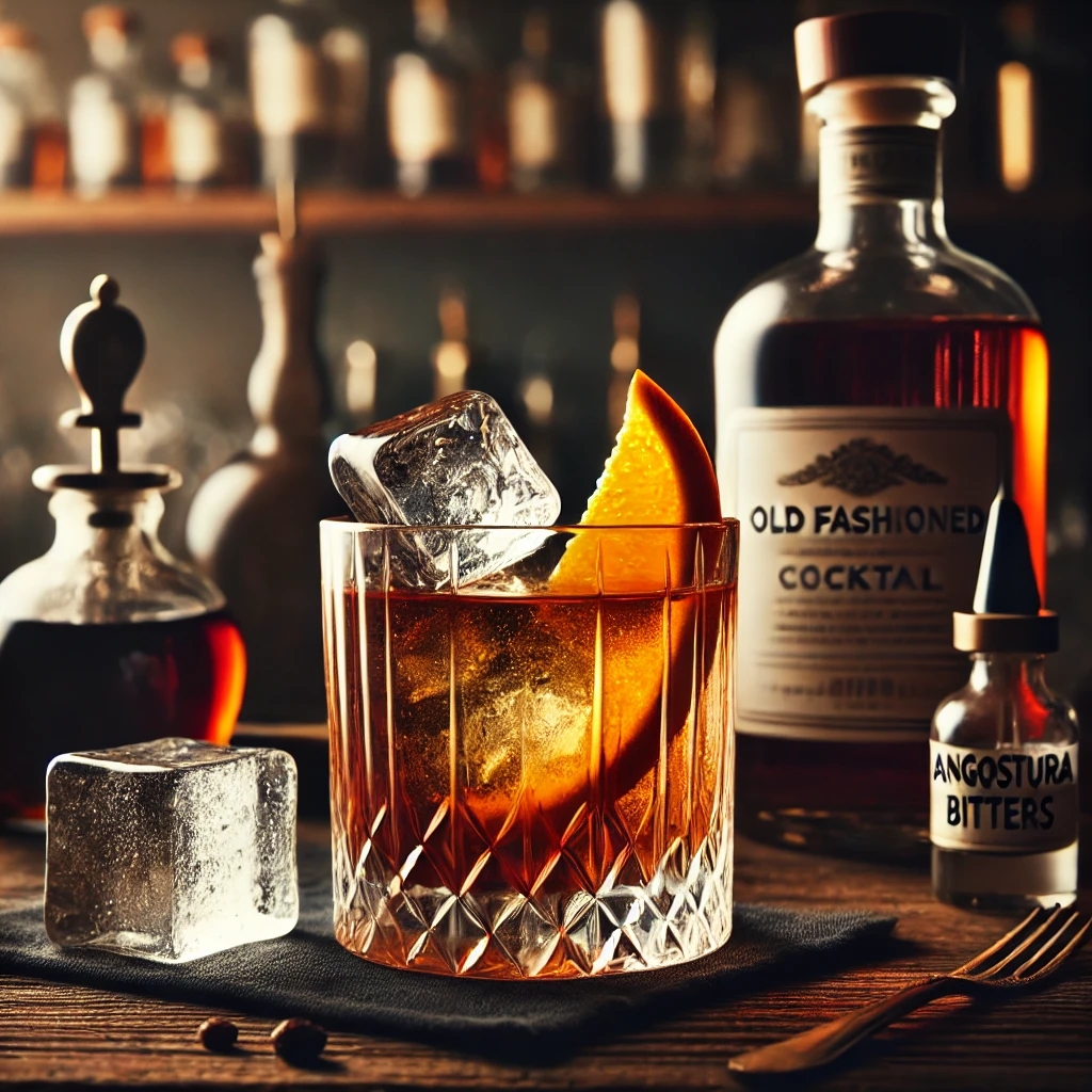 Ein edel angerichteter Old Fashioned Cocktail mit einer Orangenzeste, einem großen Eiswürfel und einem stilvollen Whiskeyglas auf einer dunklen Holzbar.