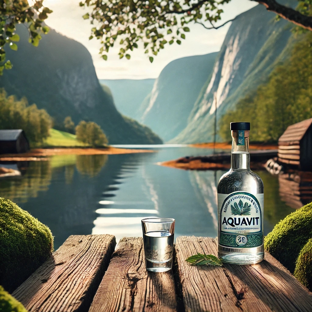 Beeindruckende skandinavische Fjordlandschaft mit einer Flasche Aquavit auf einem rustikalen Holztisch.
