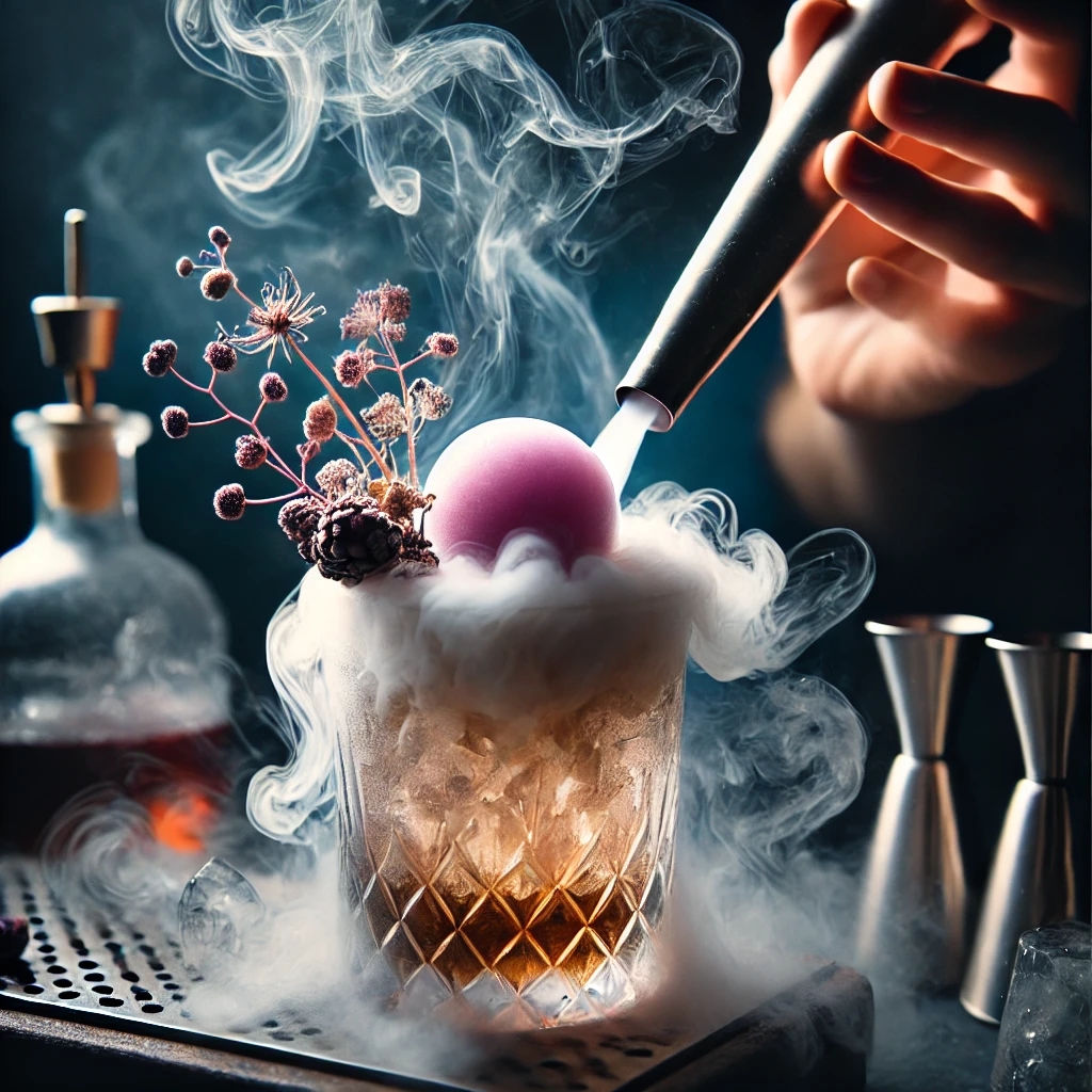 Nahaufnahme eines molekularen Cocktails mit flüssigem Stickstoff, der einen rauchigen Effekt erzeugt. Der Drink wird in einem eleganten Glas mit kunstvollen Garnierungen serviert, umgeben von stimmungsvoller Beleuchtung.