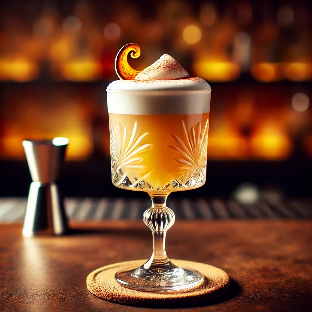 Ein elegantes Cocktailglas gefüllt mit einem frisch zubereiteten Pisco Sour, gekrönt mit einer seidigen Schaumkrone und verziert mit wenigen Tropfen Angostura-Bitter. Der Drink steht vor einer einladenden Bar-Kulisse und fängt die peruanische Barkultur perfekt ein.