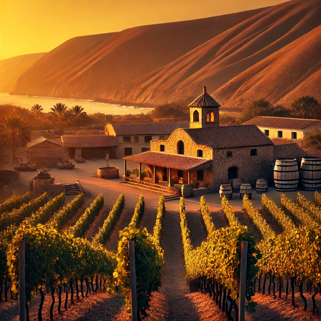 Ein malerischer Blick auf ein Weingut in der peruanischen Küstenregion Ica, umgeben von saftig grünen Reben und einem rustikalen Destillationsgebäude im Hintergrund. Die warme Abendsonne taucht die Szenerie in ein goldenes Licht.