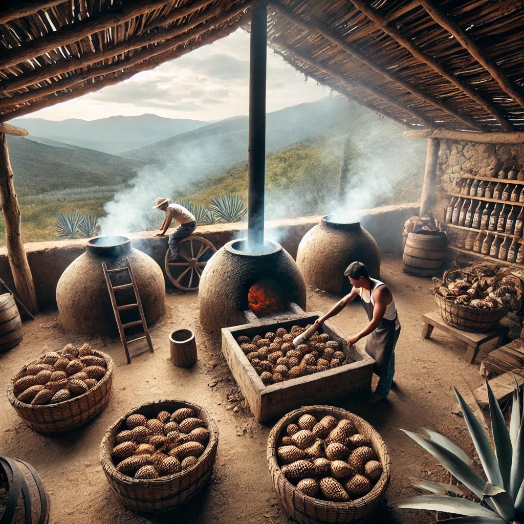 Eine handgefertigte Mezcal-Flasche mit einem Glas, gefüllt mit rauchigem Mezcal, auf einem rustikalen Holz-Tresen, umgeben von Agavenblättern.