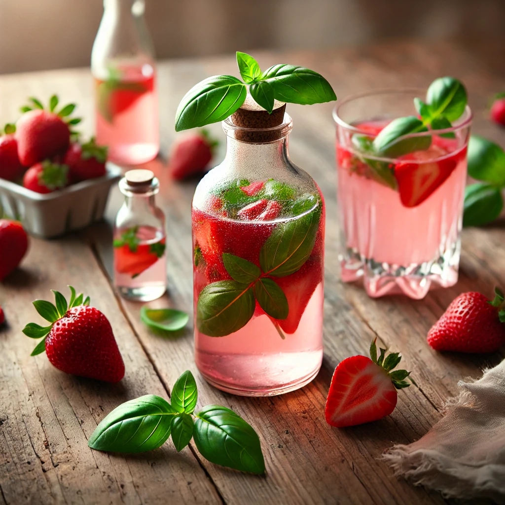 Erdbeer-Basilikum-Shrub Cocktail – Süß-saurer Essigdrink im Glas