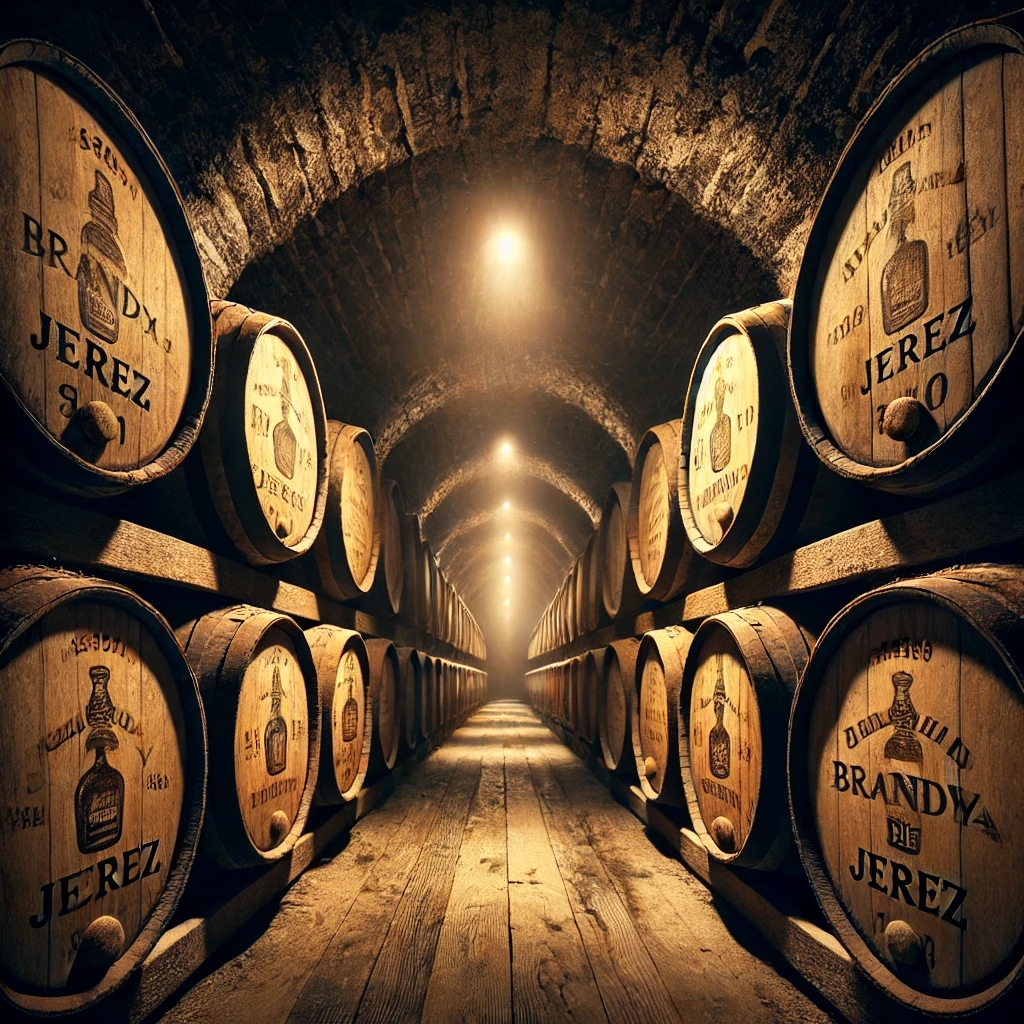Traditioneller spanischer Brandy-Keller mit alten Sherry-Fässern in Jerez.