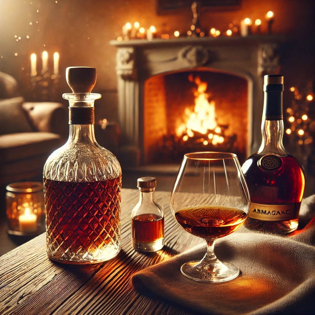 Elegantes Brandy-Setting mit Cognac und Armagnac neben einem Kaminfeuer.