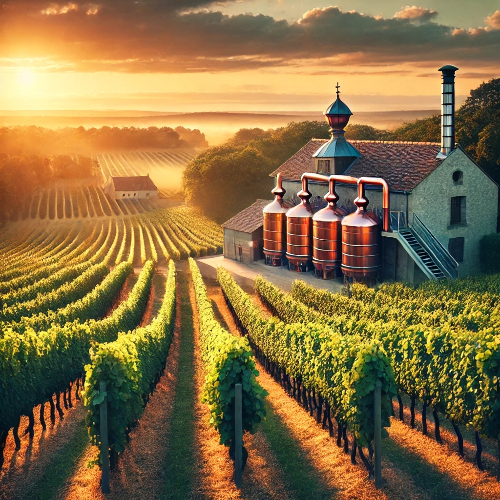 Französischer Weinberg bei Sonnenuntergang mit Destillerie für Cognac & Armagnac.