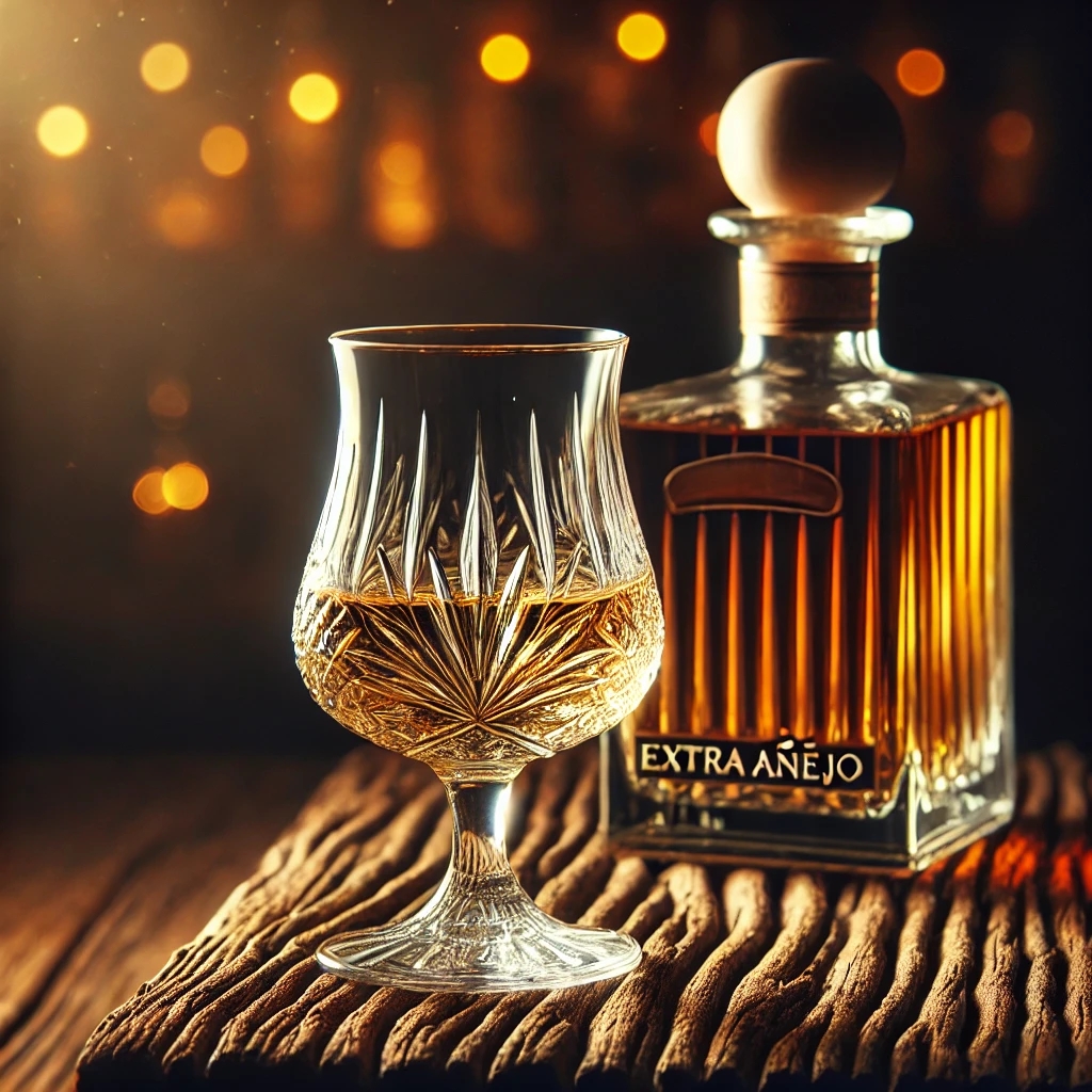 Ein elegantes Glas mit Tequila Extra Añejo in einem Kristallsnifter, platziert auf einer rustikalen Holztheke mit einer edlen Tequila-Flasche im Hintergrund.