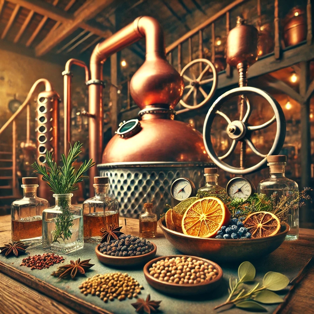 Gin Herstellung â Destillation von Wacholder & Botanicals in einer Kupferbrennerei