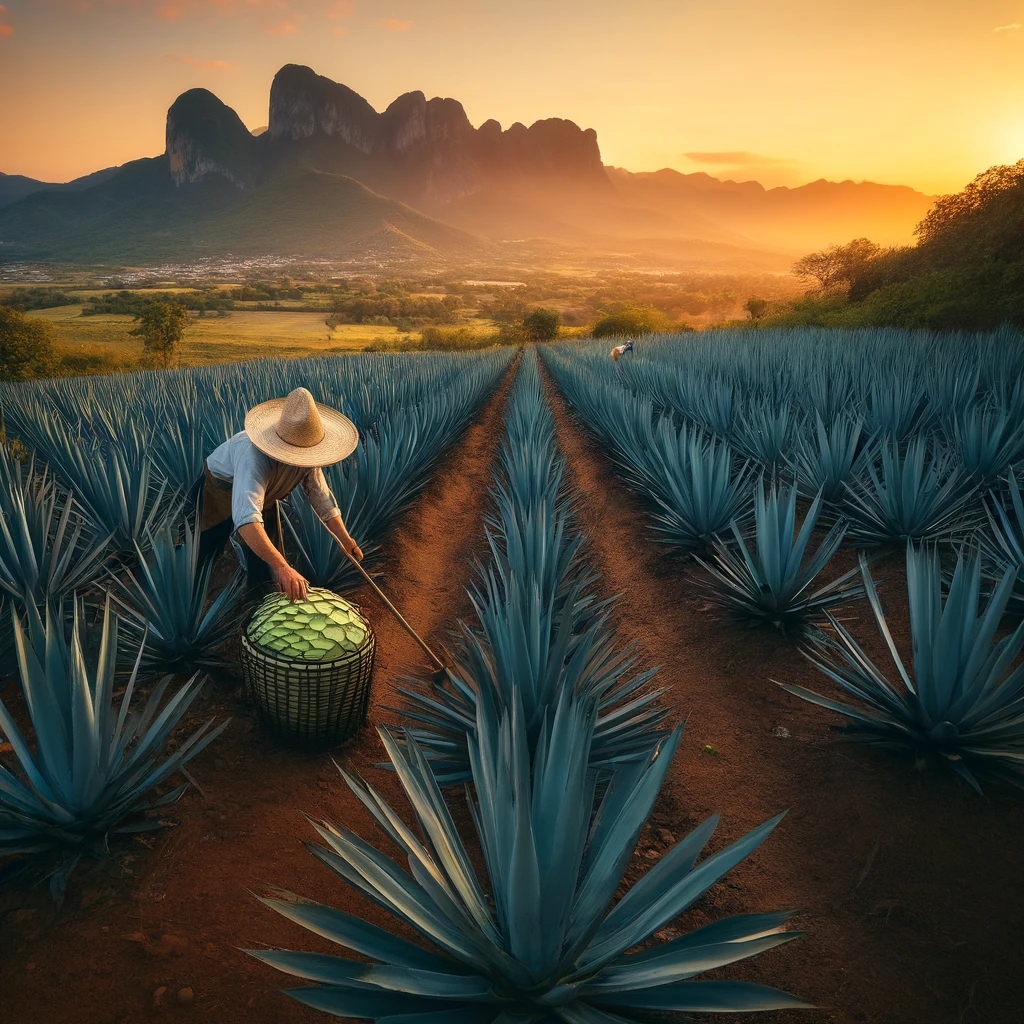 Ein traditionelles Agavenfeld in Mexiko bei Sonnenuntergang, mit einem Jimador, der eine Blaue Weber-Agave erntet. Im Hintergrund erstreckt sich eine bergige Landschaft.