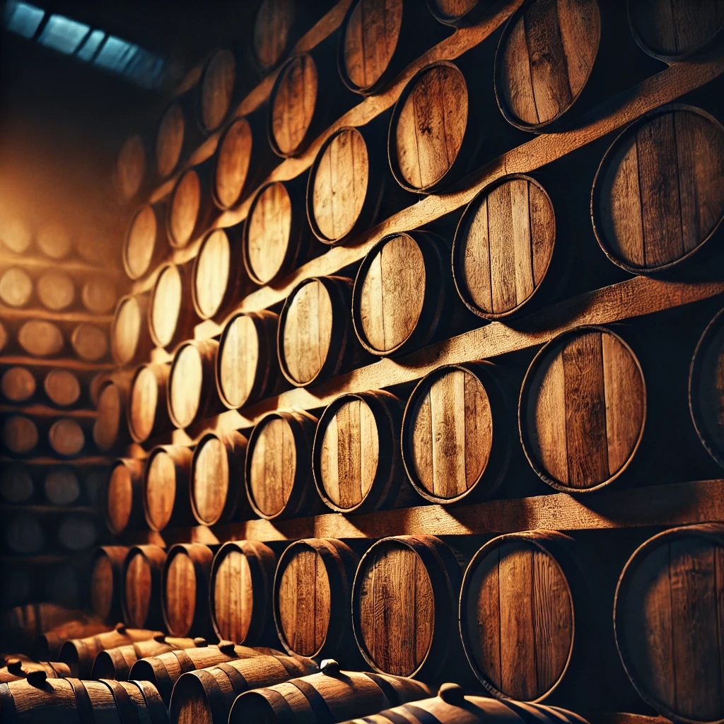 Nahaufnahme von Whisky-FĂ€ssern in einer traditionellen Destillerie.