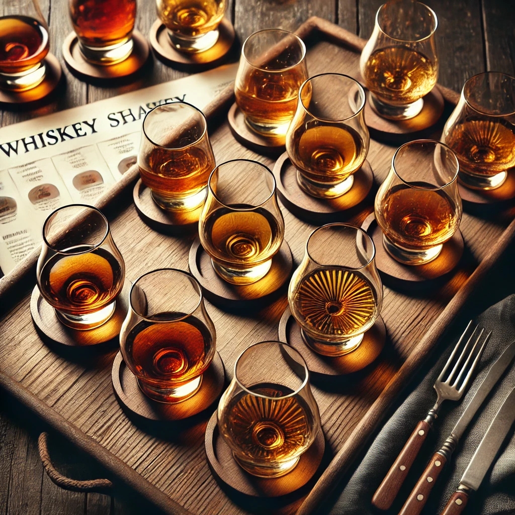Verschiedene Whisky-GlÀser in einem Tasting-Flight mit Notizen zur Verkostung.