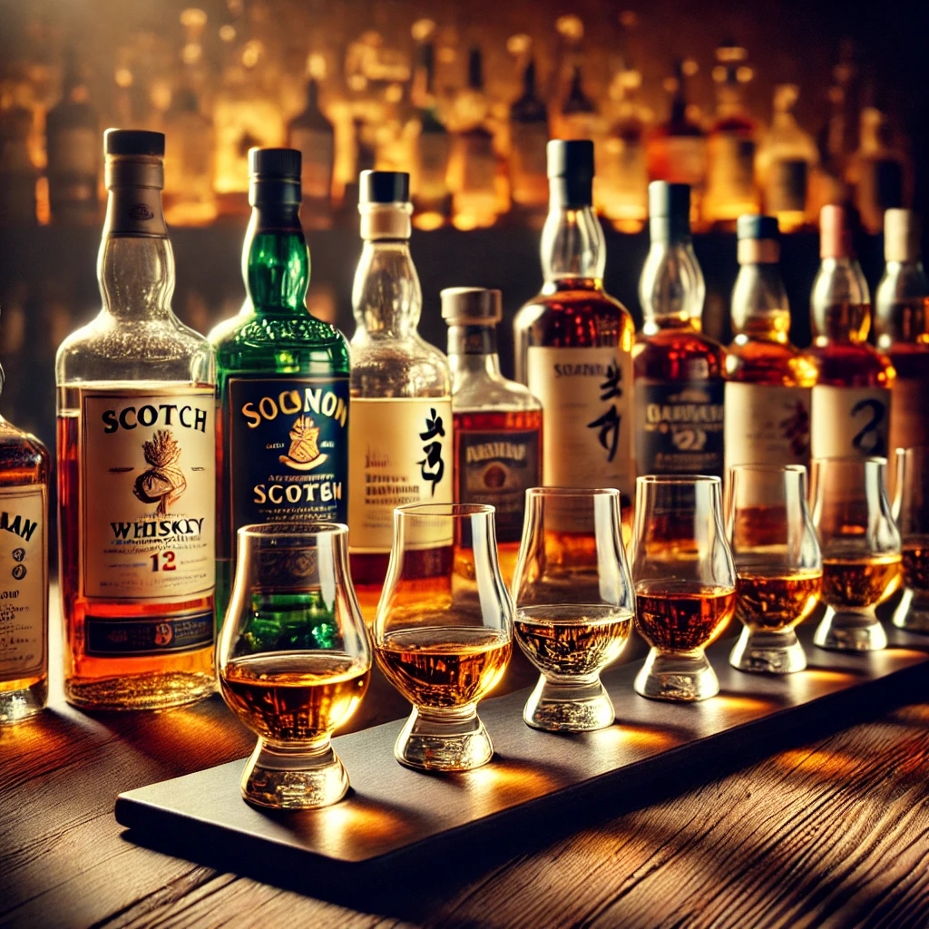 Whisky-Verkostung mit verschiedenen Sorten aus aller Welt auf einer edlen Holzbar.
