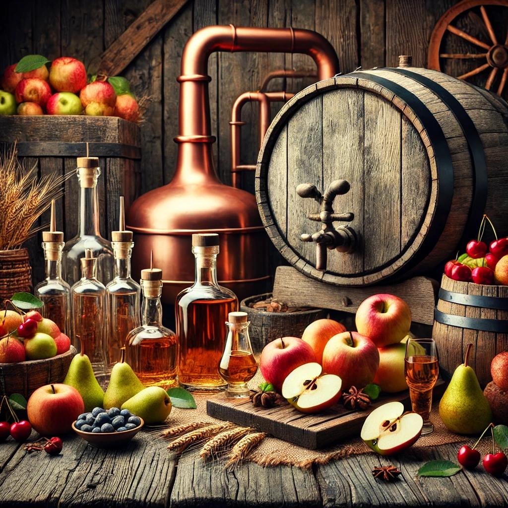 Traditionelle deutsche Brennerei mit Holzfässern und Kupferbrennblasen, umgeben von frischen Äpfeln, Birnen und Kirschen – das Herzstück der Obstbrandherstellung.