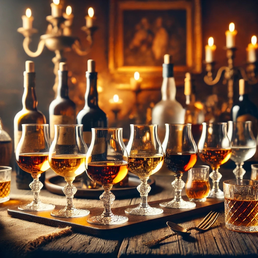 Ein stilvolles Sherry-Tasting mit verschiedenen Gläsern, von Fino bis PX, edel serviert auf einem Holztablett.