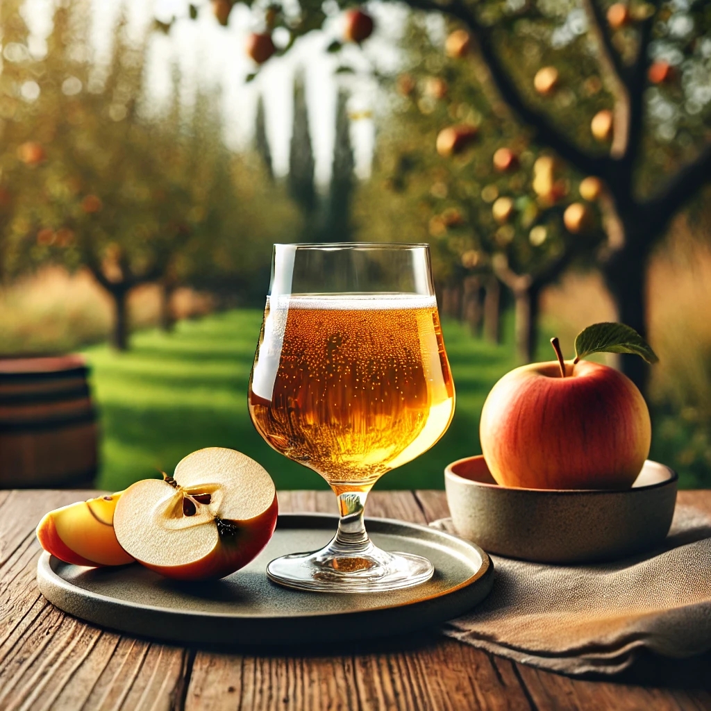 Ein stilvoll angerichtetes Glas Craft Cider mit goldener Farbe und prickelnden Bläschen.