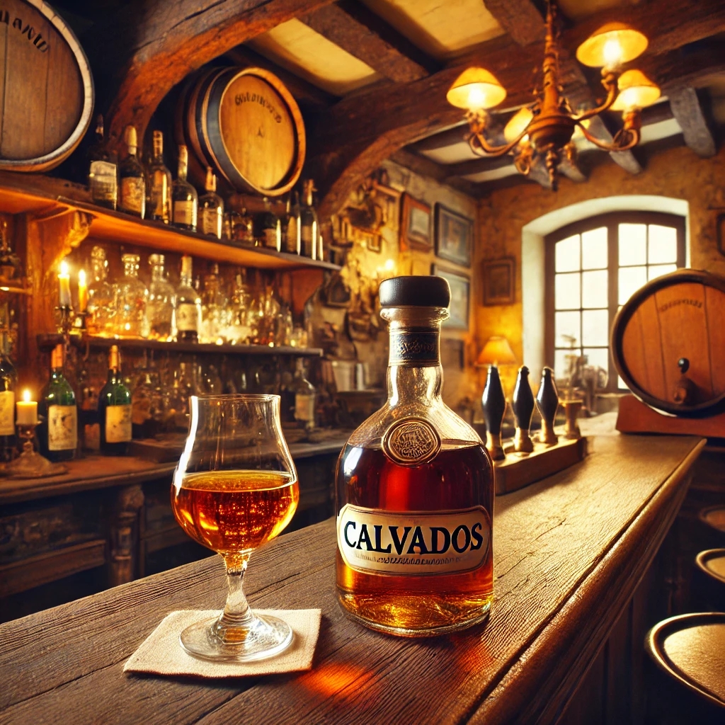 Eine gemütliche, rustikale französische Taverne mit warmem Licht. Auf der Holztheke stehen eine geöffnete Flasche Calvados und ein gefülltes Glas.