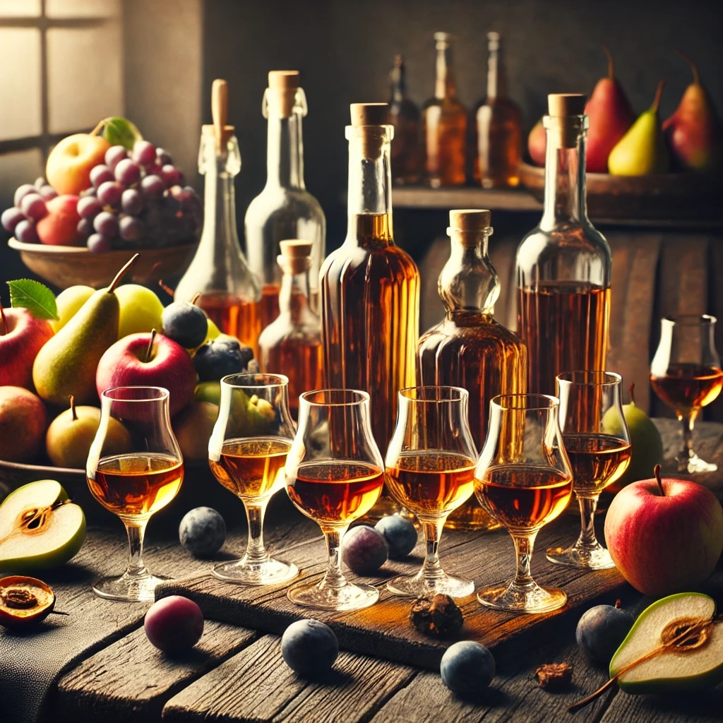 Elegantes Obstbrand-Tasting mit verschiedenen Gläsern gefüllt mit deutschen Obstbränden, präsentiert auf einem rustikalen Holztisch mit frischen Früchten.