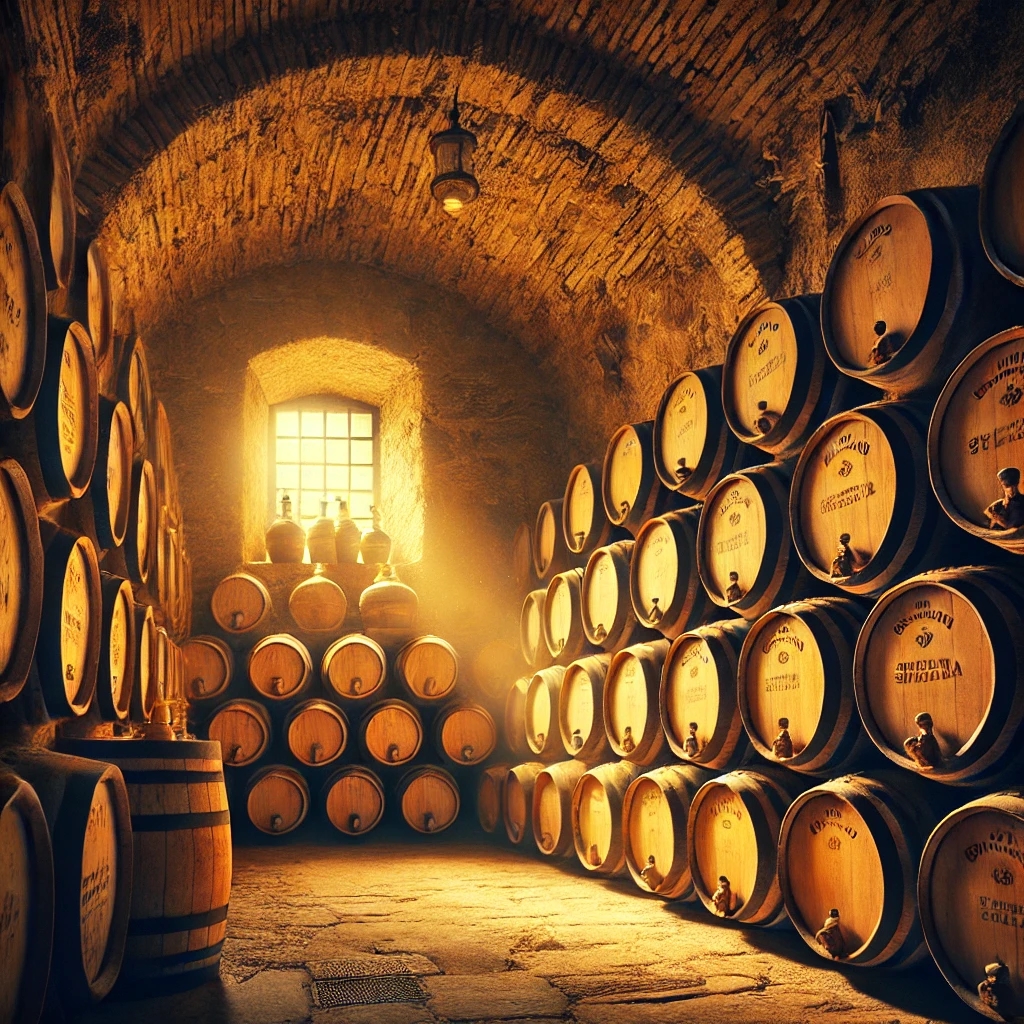 Eine traditionelle Sherry-Bodega in Andalusien mit gestapelten Holzfässern im Solera-System.