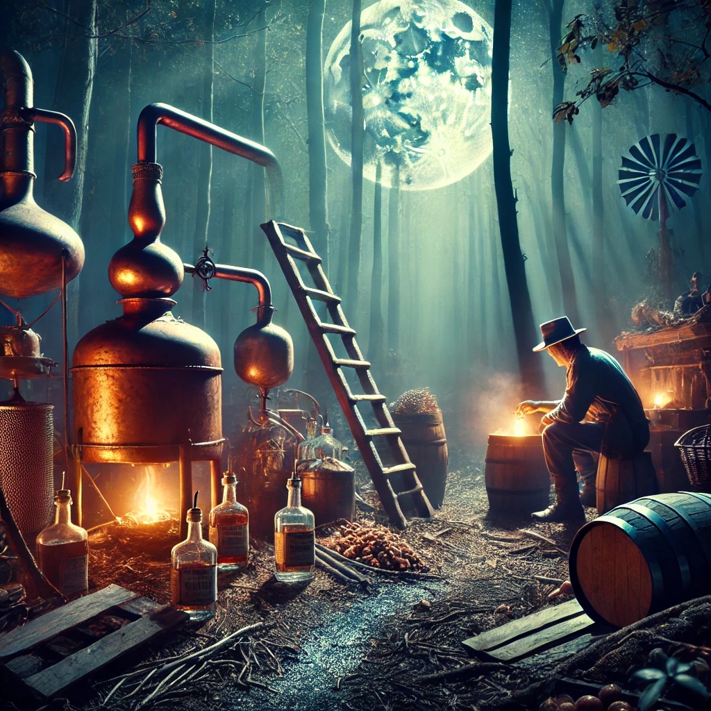 Eine versteckte illegale Brennerei tief im Wald, in der traditioneller Moonshine hergestellt wird.