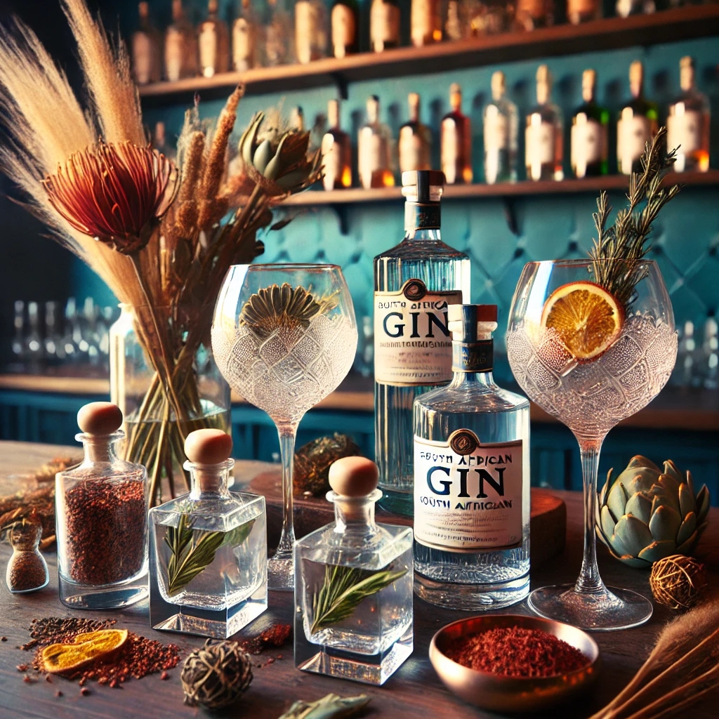 Ein elegantes Gin-Tasting-Setup mit südafrikanischen Botanicals wie Rooibos und Buchu, präsentiert in einer modernen Bar-Atmosphäre.