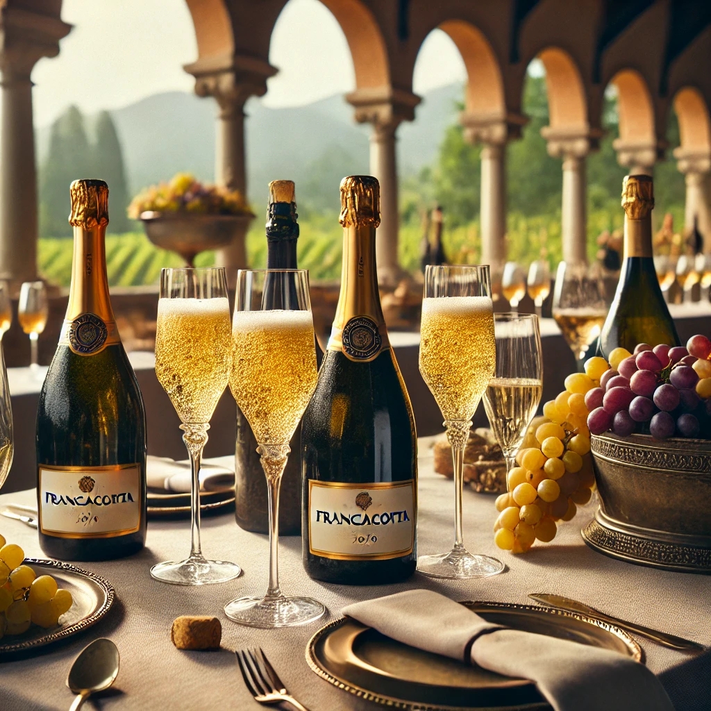 Ein stilvolles Franciacorta-Tasting mit edlen Gläsern und einer Flasche hochwertigen italienischen Schaumweins.