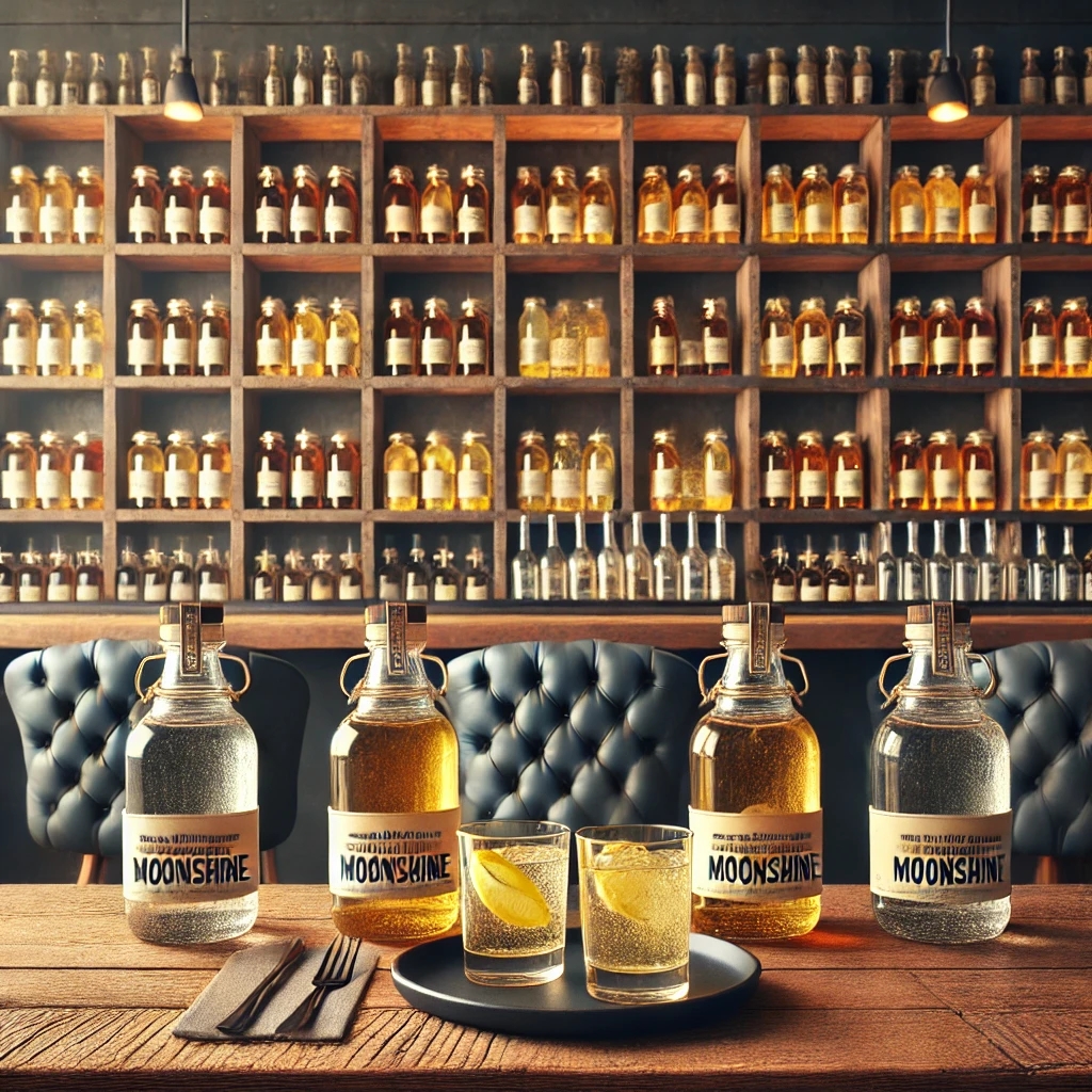 Eine stilvolle Bar mit einer edlen Flasche Moonshine und einem Glas, das die klare Spirituose zeigt.