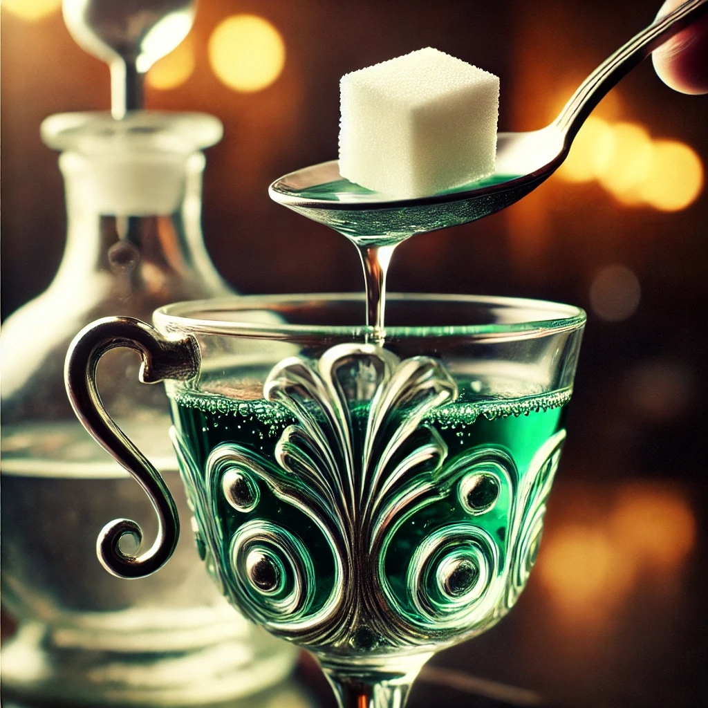 Ein traditionelles Absinth-Ritual mit speziellen Absinth-Löffeln, auf denen Zuckerwürfel liegen, während kaltes Wasser aus einer Absinth-Fontäne langsam darüber tropft. Die Gläser füllen sich mit milchig-trübem Absinth, während sich die Aromen entfalten.