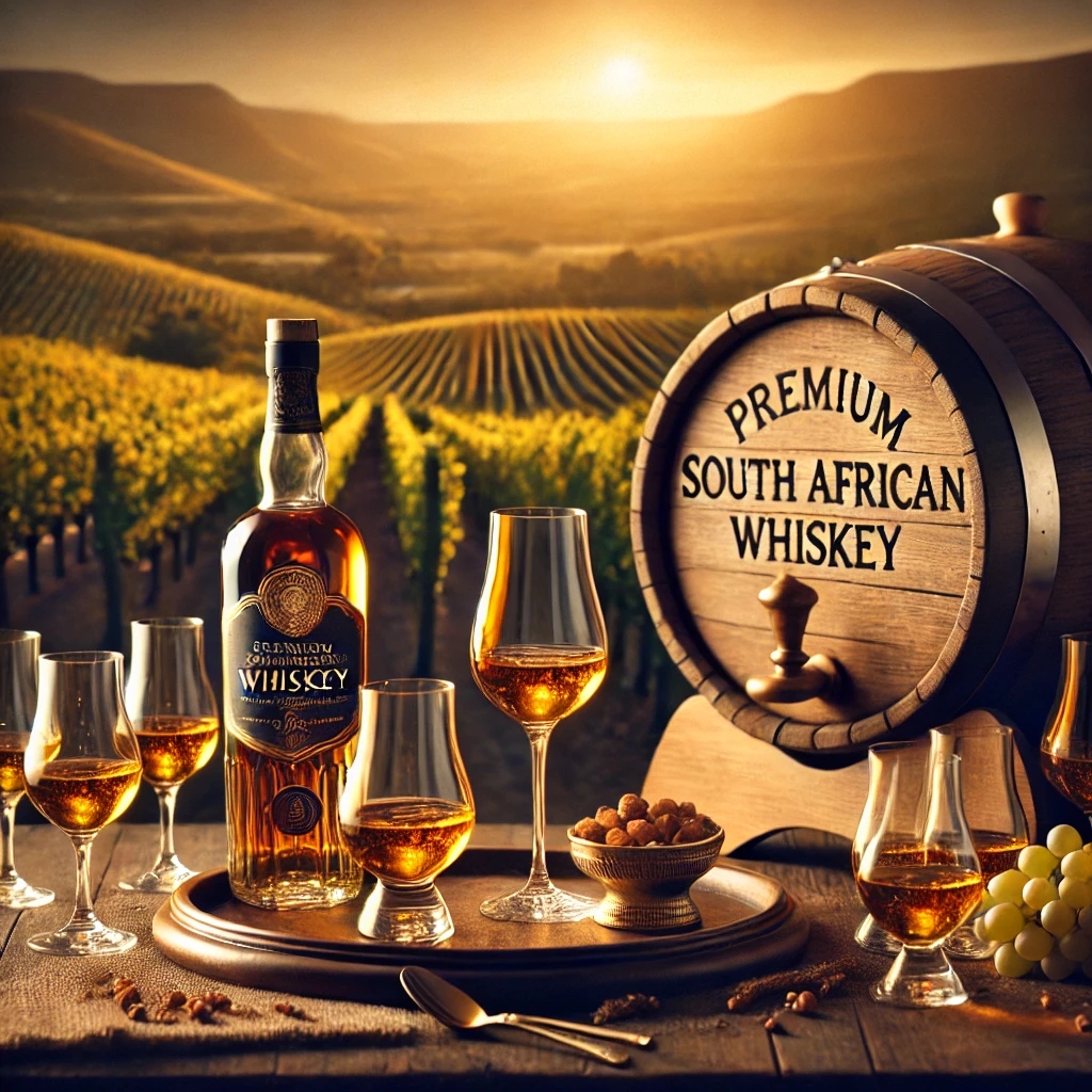 Eine stilvolle Whisky-Verkostung in Südafrika mit edlen Gläsern, einem Holzfass und malerischen Weinbergen im Hintergrund.