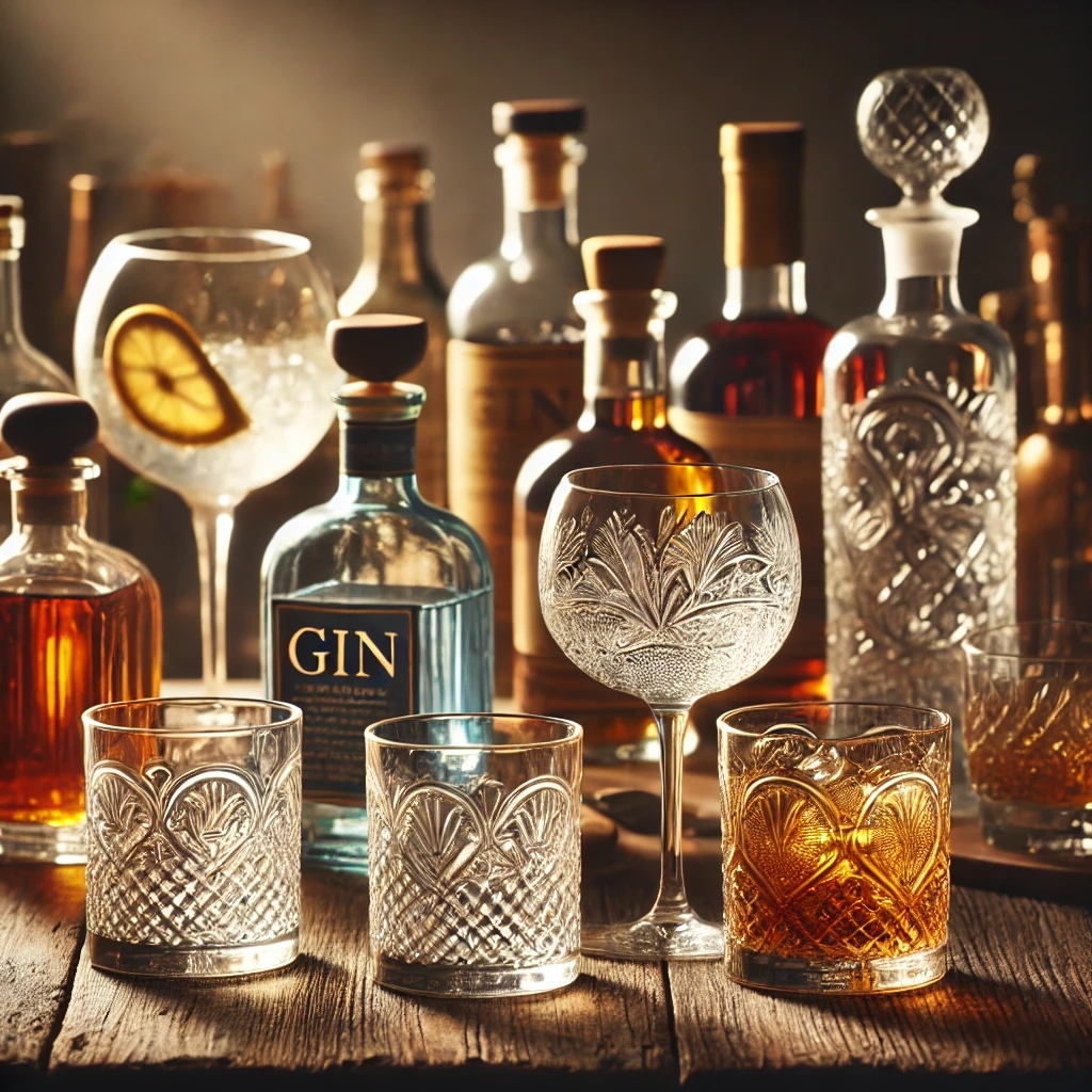 Eine elegante Verkostungsrunde mit Craft-Spirituosen, darunter Gin, Whiskey und Rum, stilvoll auf einem Holztisch arrangiert.