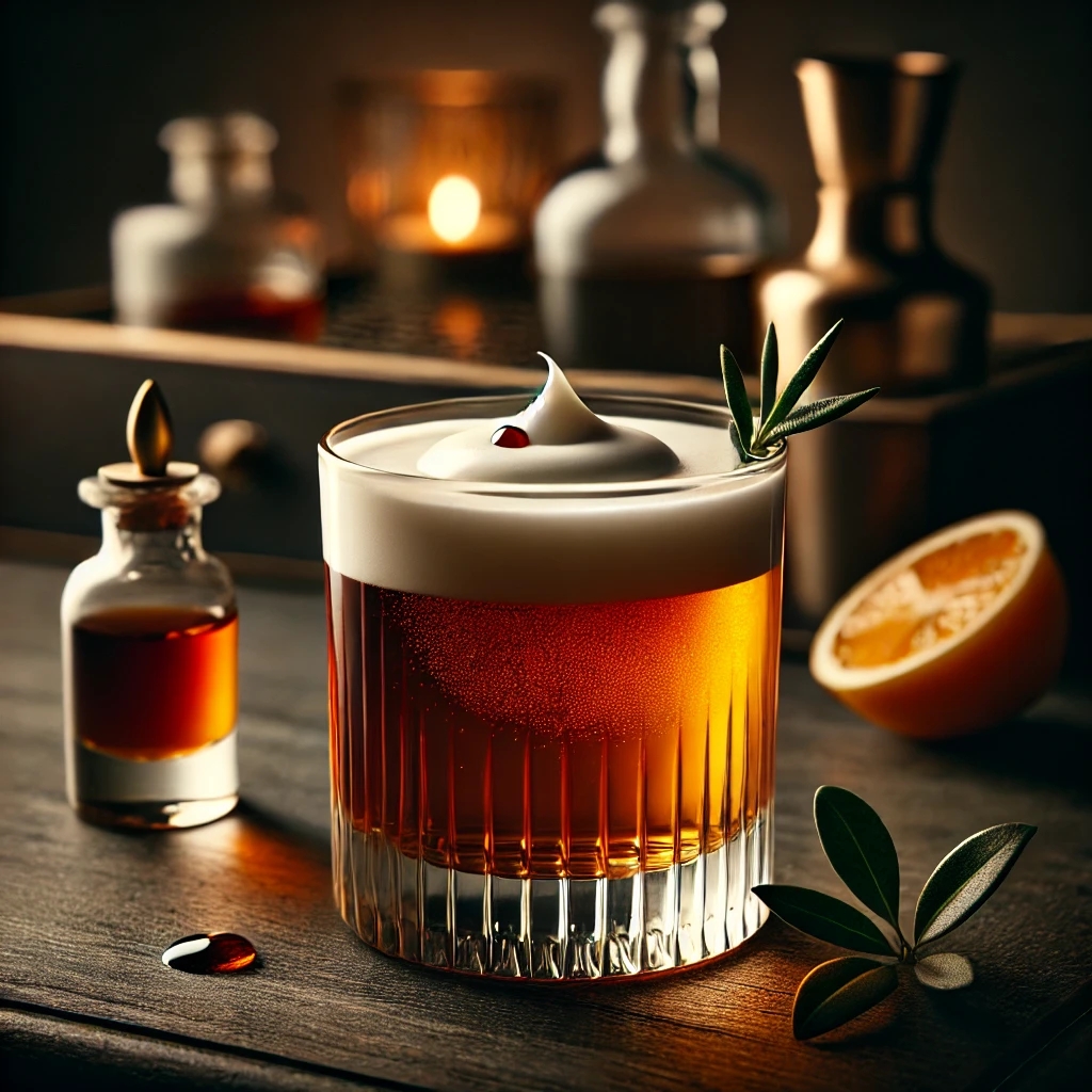 Ein stilvoll servierter Whisky Sour mit Zitronenscheibe & Cocktailkirsche auf einer eleganten Holztheke.