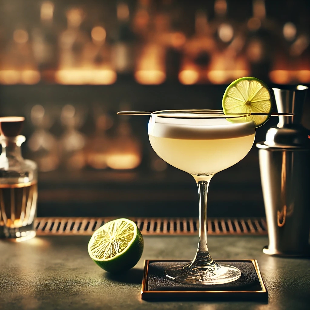 Ein eleganter klassischer Daiquiri-Cocktail in einem stilvollen Cocktailglas mit Limetten-Garnitur, serviert in einer gehobenen Cocktailbar.