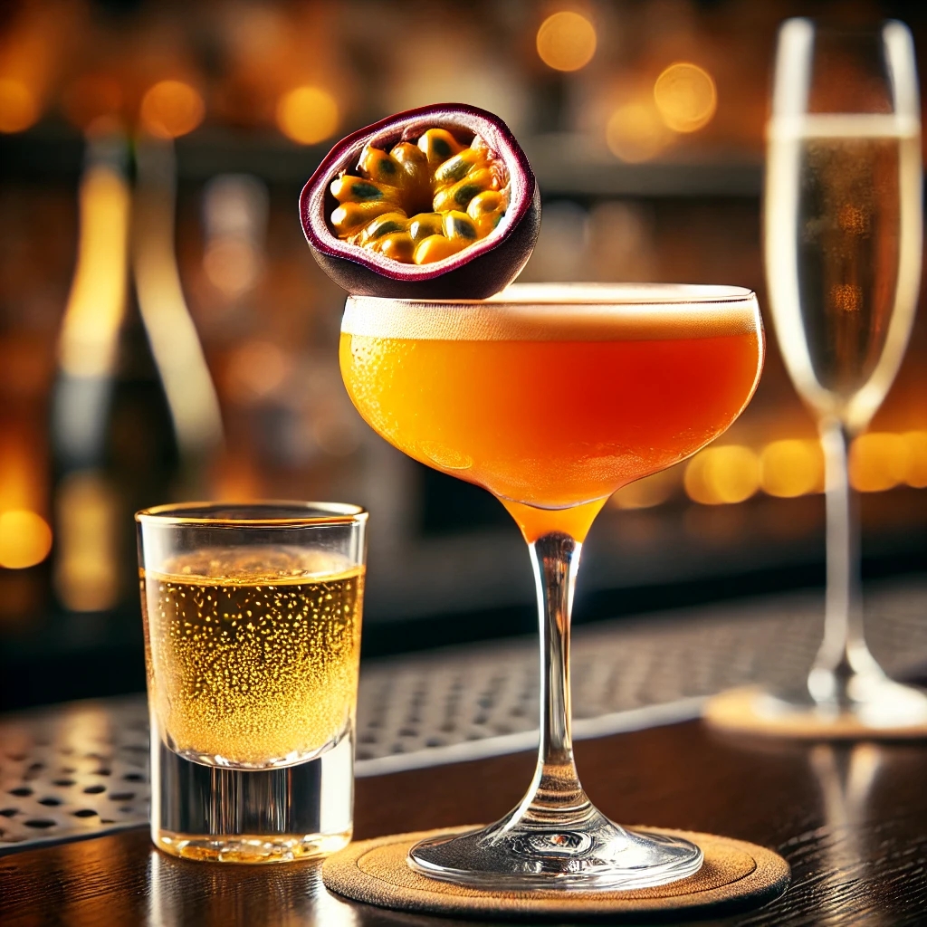 Ein eleganter Pornstar Martini mit halber Passionsfrucht und einem Glas Champagner als Sidecar.