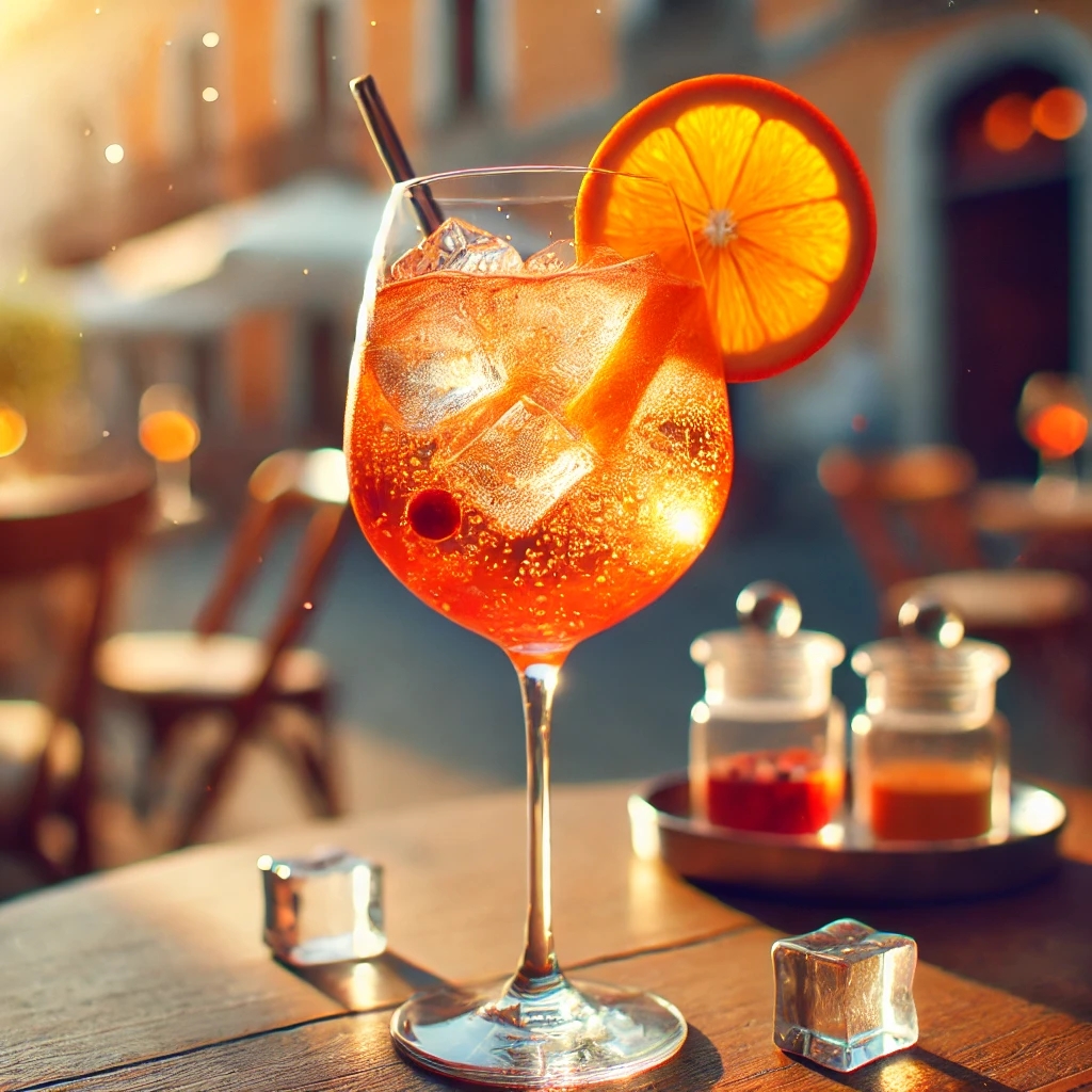 Ein erfrischender Spritz im Weinglas mit Orangenscheibe und sprudelndem Prosecco.