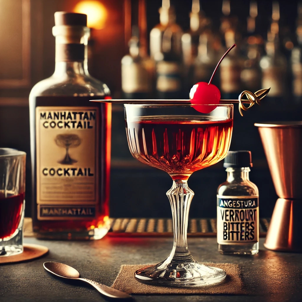 Ein stilvoll servierter Manhattan Cocktail in einem gekühlten Glas, garniert mit einer Kirsche, auf einer eleganten Bar mit klassischen Cocktail-Accessoires.