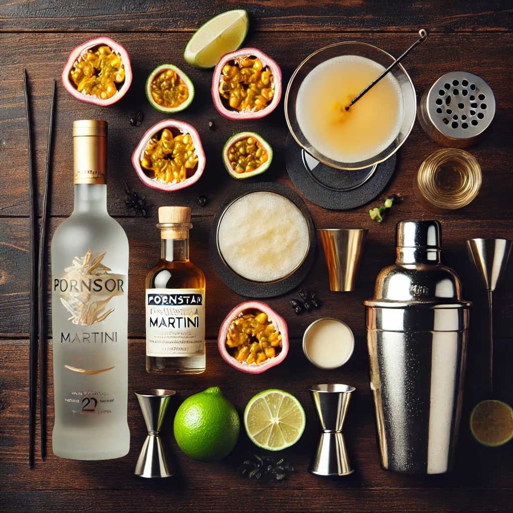 Zutaten für einen Pornstar Martini, inklusive Vanille-Vodka, Passionsfrucht und Champagner.