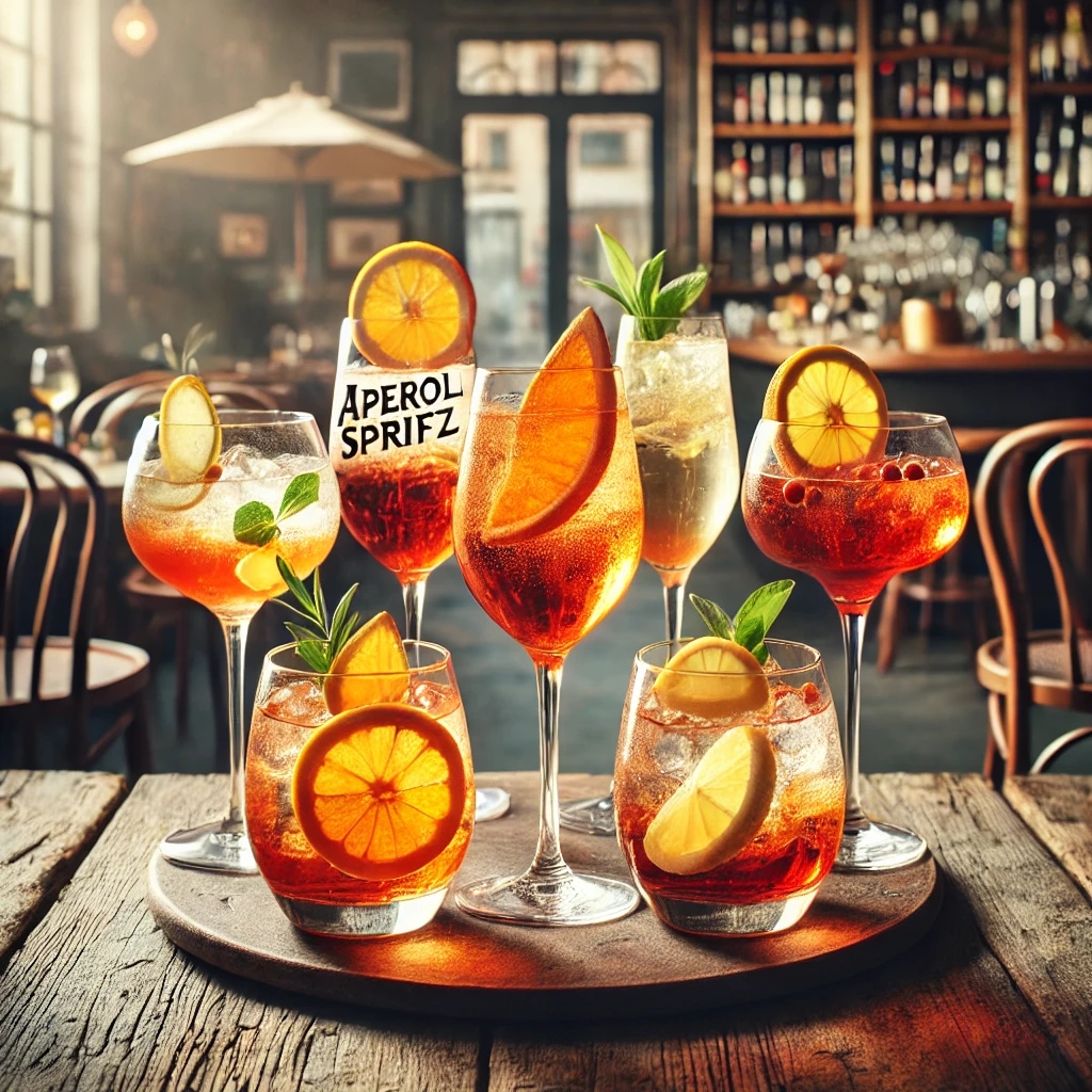 Mehrere Gläser mit unterschiedlichen Spritz-Varianten, serviert mit Eis und Zitrusfrüchten.