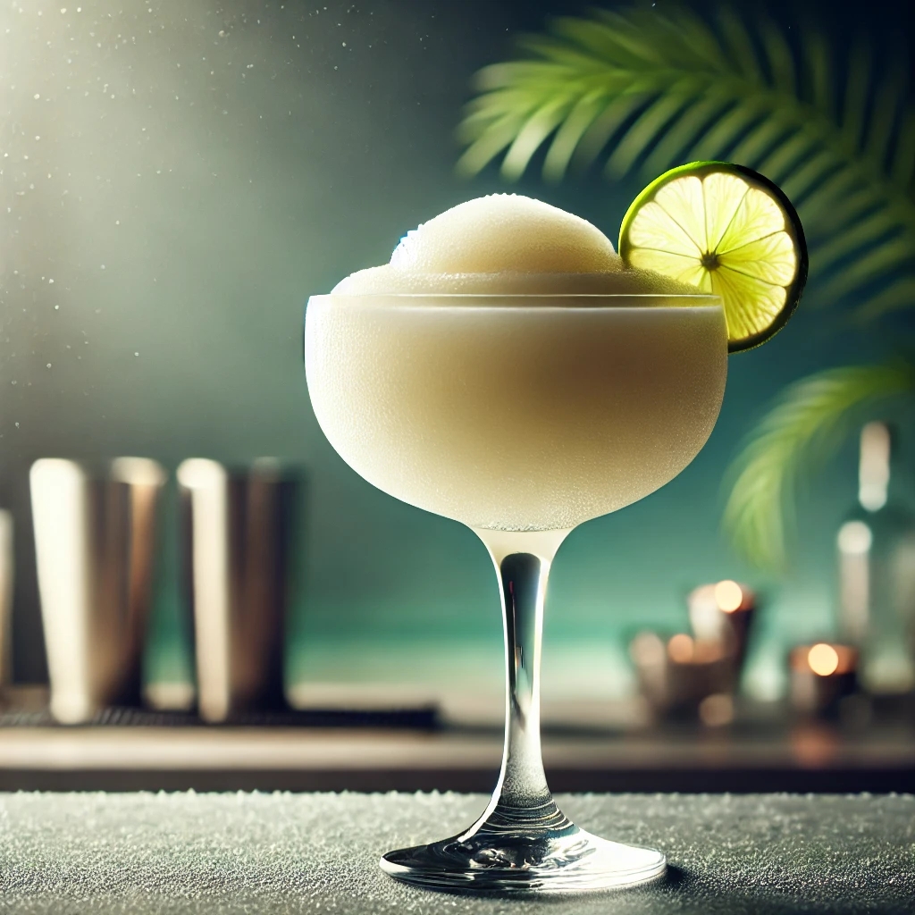 Ein sommerlicher Frozen Daiquiri in einem hohen Glas mit Limettenscheibe, serviert an einem tropischen Strand mit türkisblauem Meer im Hintergrund.
