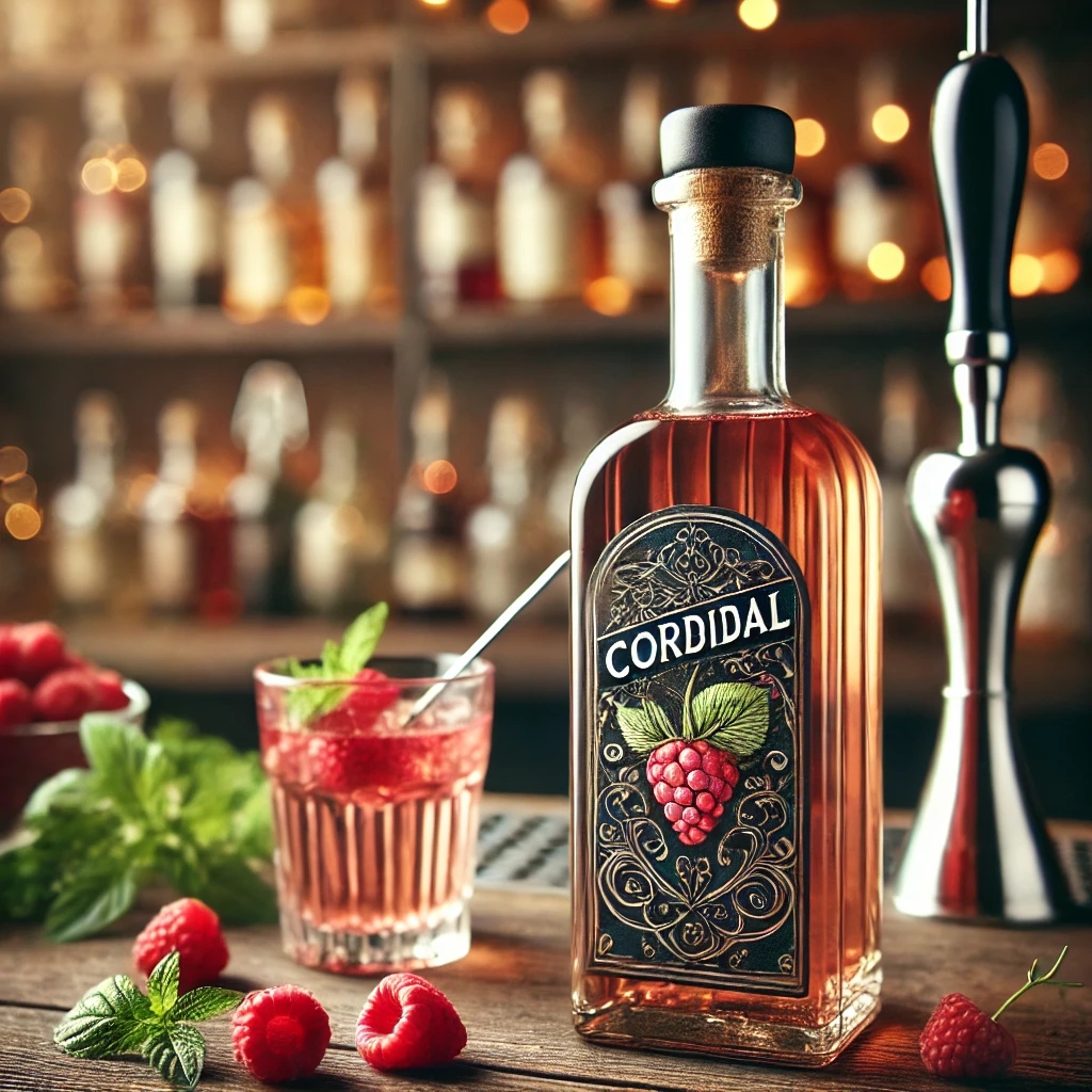 Eine elegante Flasche Cordial, umgeben von frischen Himbeeren und Kräutern auf einer Bar.