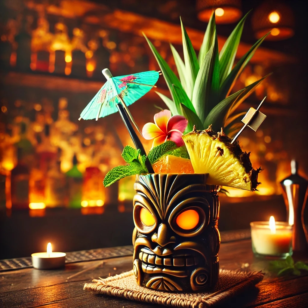 Ein exotischer Tiki-Cocktail in einem traditionellen Tiki-Becher mit frischer Ananas und Minze.