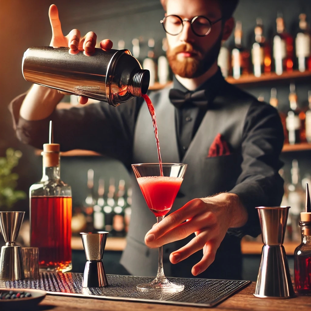 Ein Bartender gießt einen Cordial in einen Shaker, bereit für einen raffinierten Cocktail.