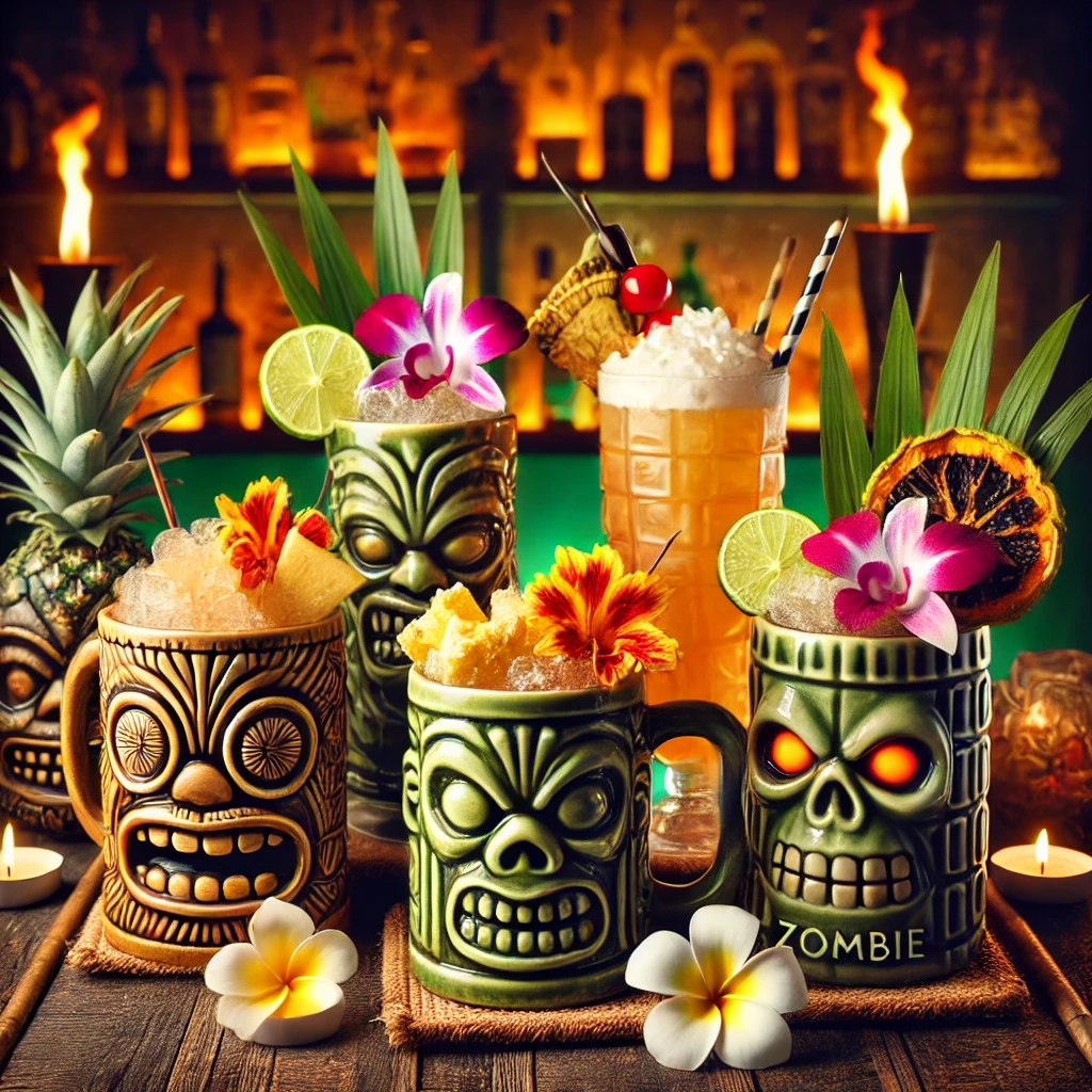 Mehrere Tiki-Drinks mit bunter Dekoration, Ananas, Limetten und exotischen Blüten.